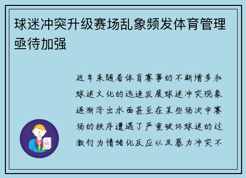 球迷冲突升级赛场乱象频发体育管理亟待加强 球迷冲突升级赛场乱象频发体育管理亟待加强