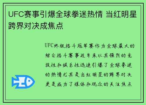 UFC赛事引爆全球拳迷热情 当红明星跨界对决成焦点 UFC赛事引爆全球拳迷热情 当红明星跨界对决成焦点